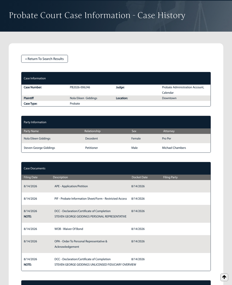 The county probate docket: case information, parties, and filed documents
